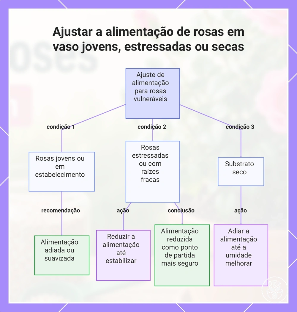 Ajustar a alimentação de rosas em vaso jovens, estressadas ou secas