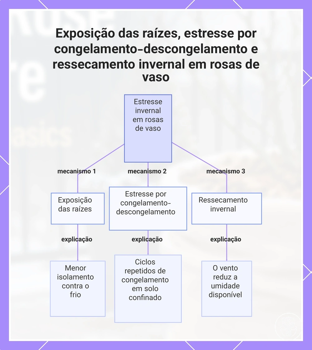 Exposição das raízes, estresse por congelamento-descongelamento e ressecamento invernal em rosas de vaso
