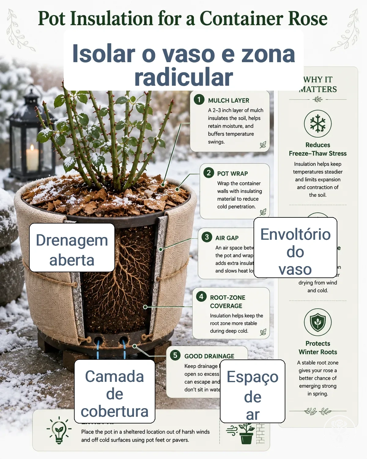 Componentes de isolamento do vaso protegendo a zona radicular de uma roseira em vaso