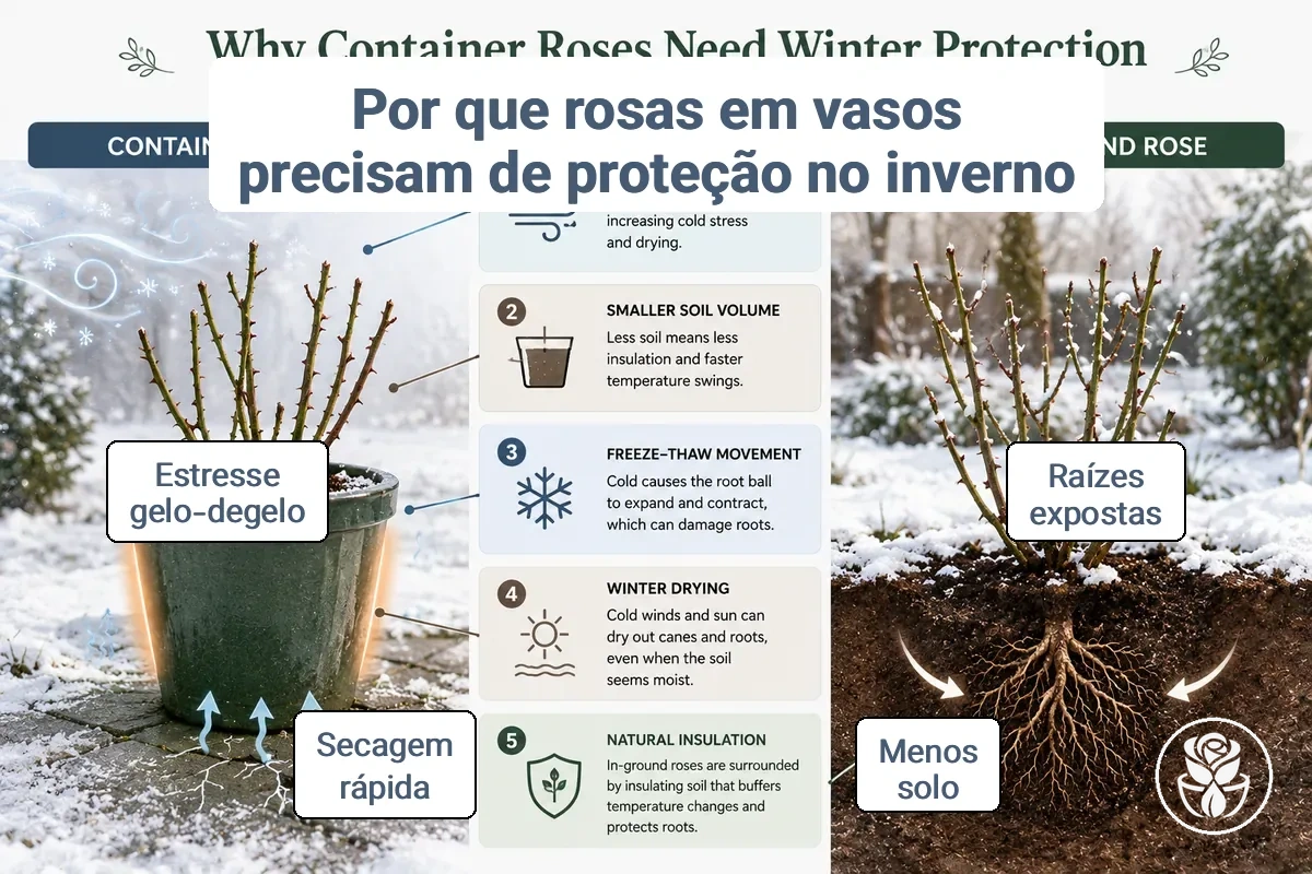 Comparação da exposição ao inverno entre rosas em vaso e rosas no solo
