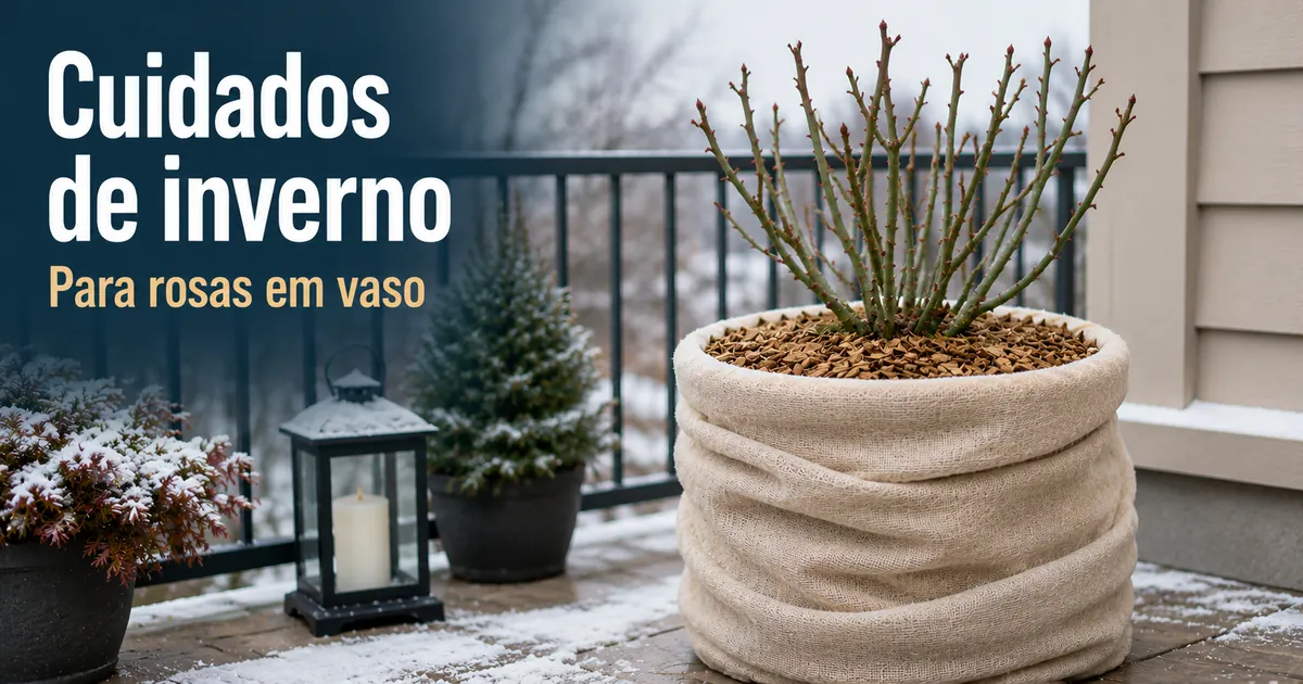 Rosa em vaso protegida no inverno como parte da manutenção sazonal