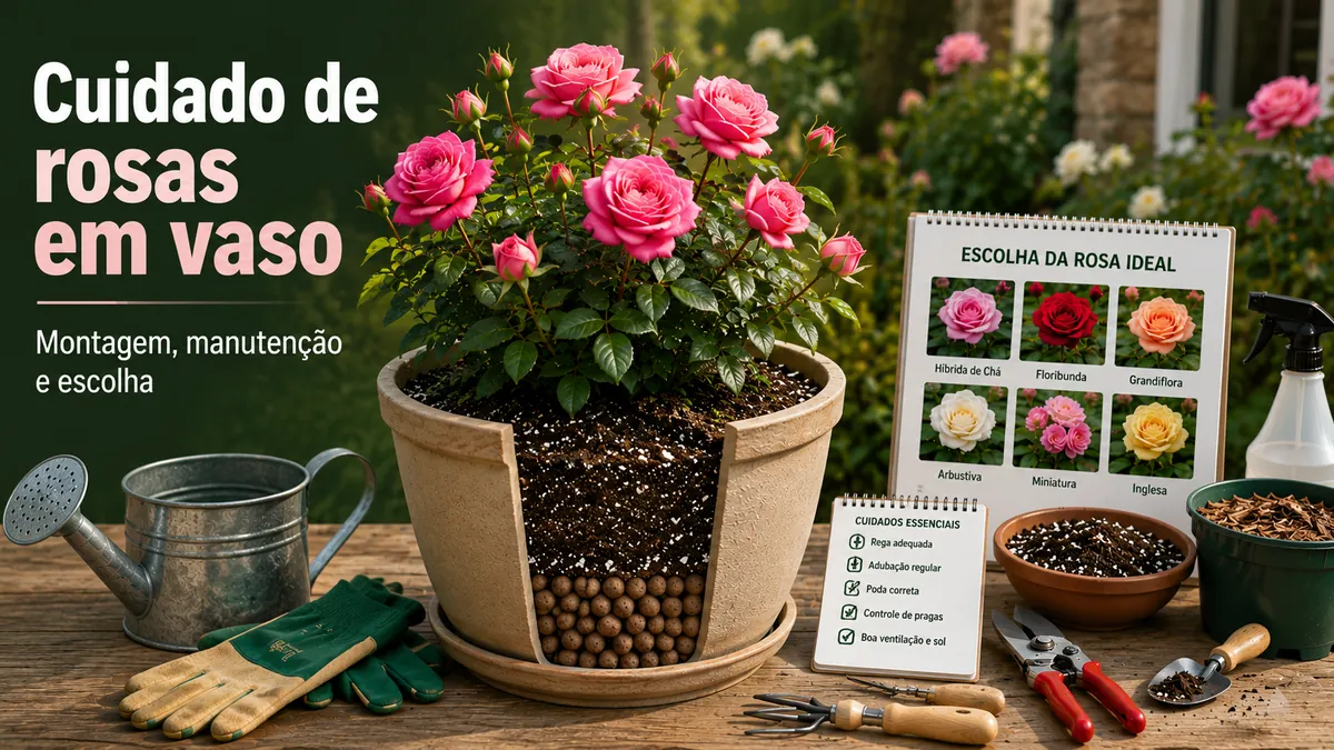 Sistema de cuidado de rosas em vaso com roseira, camada de drenagem, substrato, regador e ferramentas