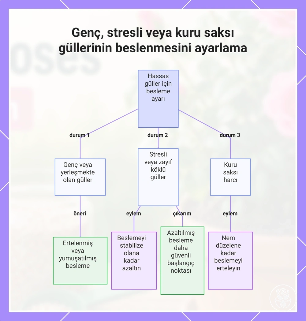 Genç, stresli veya kuru saksı güllerinin beslenmesini ayarlama
