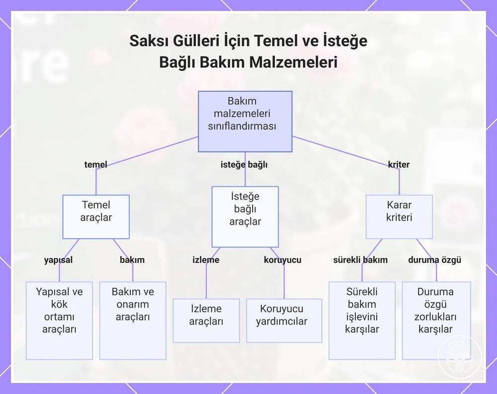 Saksı Gülleri İçin Temel ve İsteğe Bağlı Bakım Malzemeleri