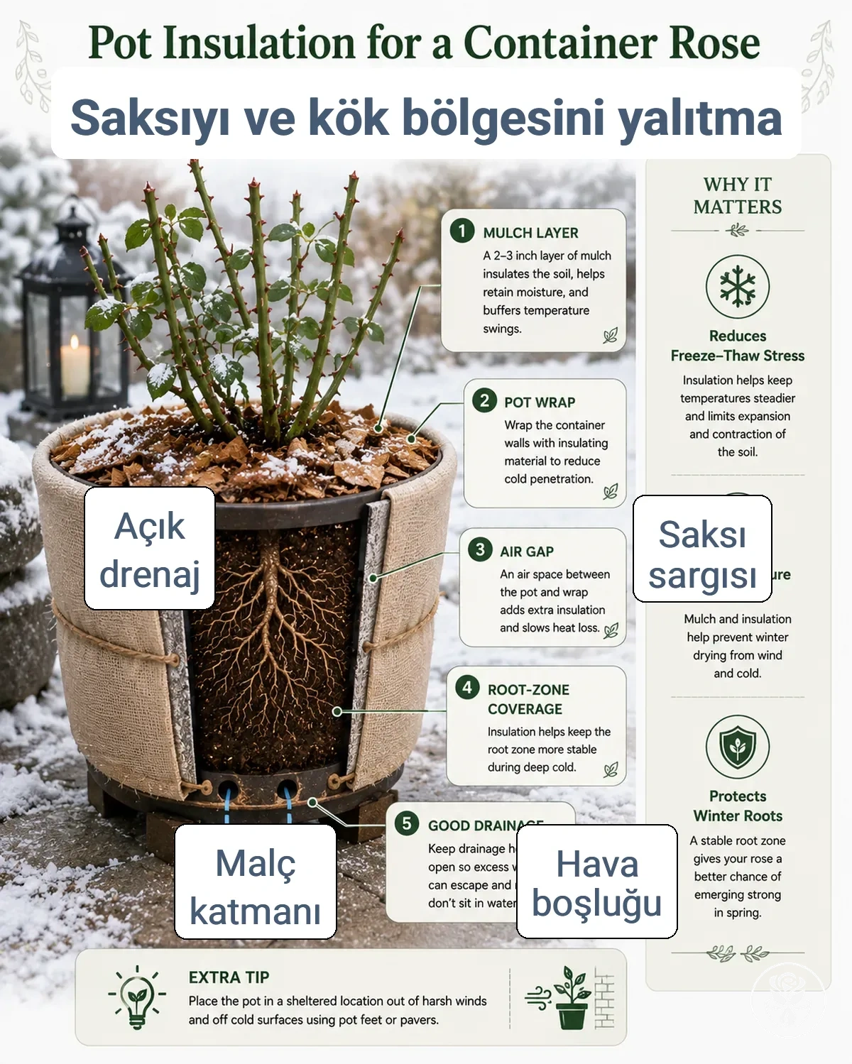 Saksı gülü kök bölgesini koruyan saksı yalıtım bileşenleri