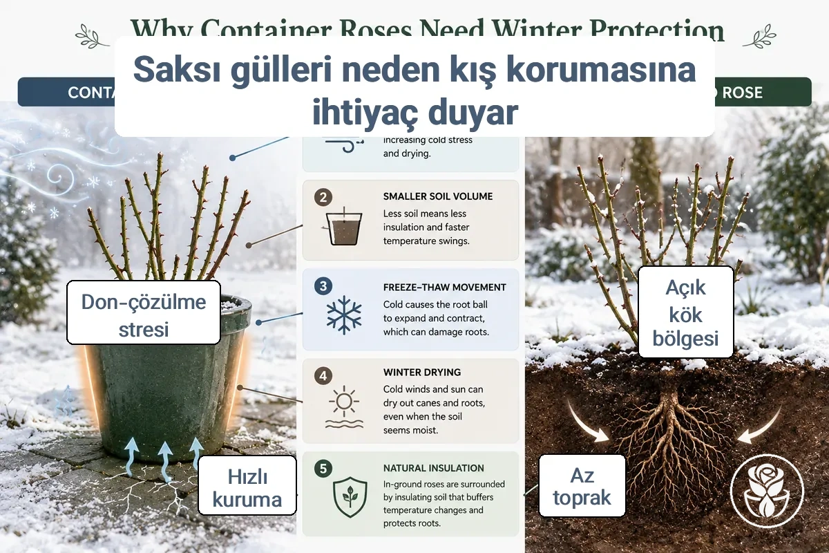 Saksı gülleri ve bahçe toprağındaki güller arasında kış maruziyeti karşılaştırması