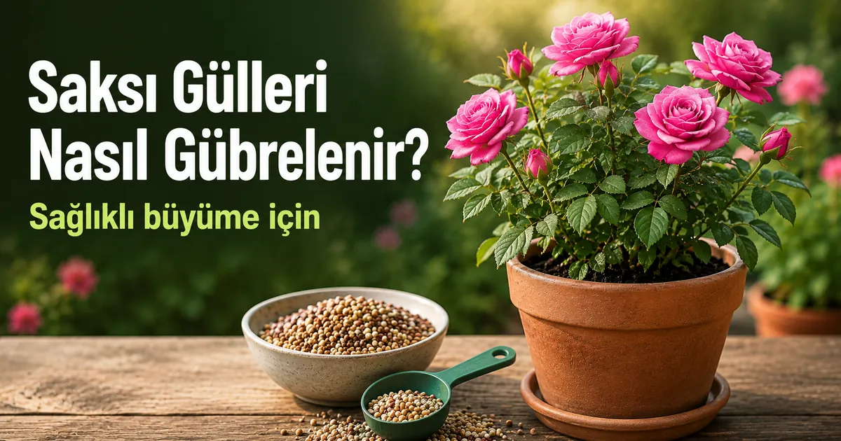 Saksıda gül bakım sistemi içinde saksı gülün yanında gübre ve ölçü kaşığı