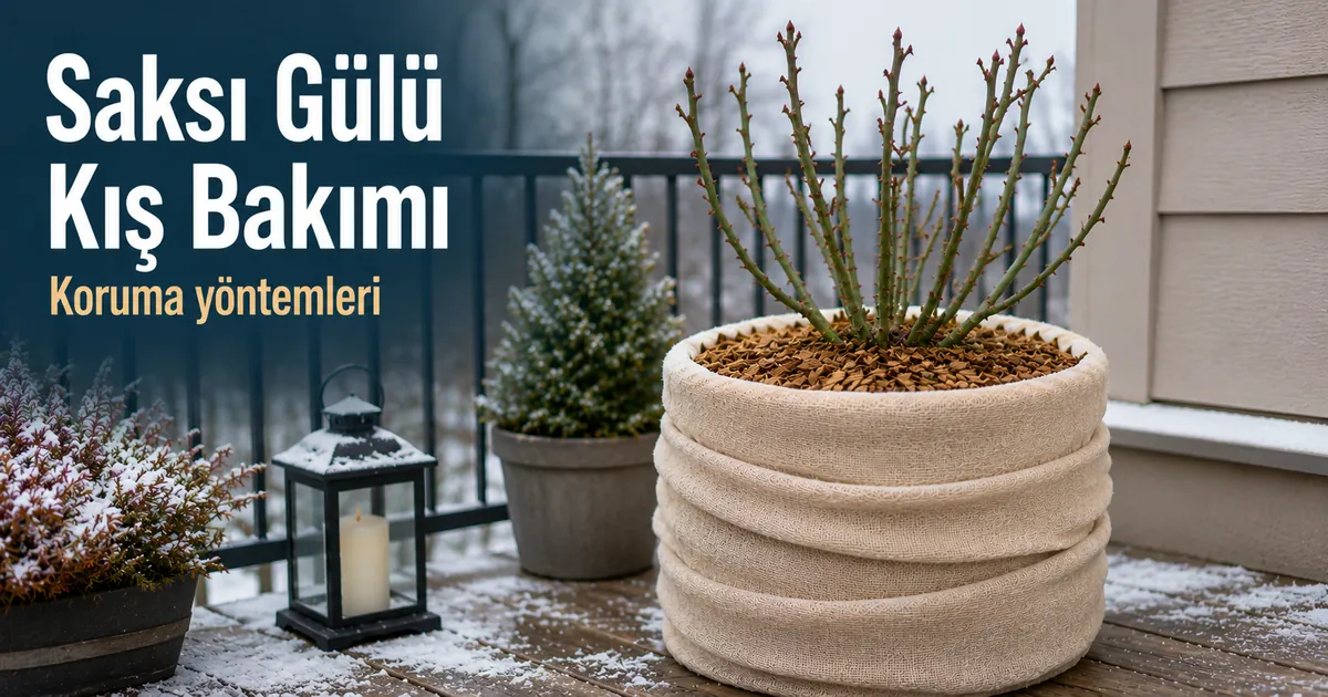 Mevsimsel bakım kapsamında kışa karşı korunmuş bir saksı gülü